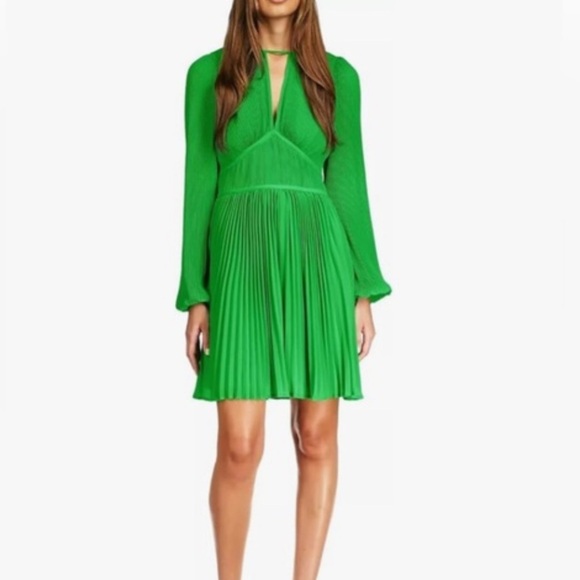 NWT MICHAEL KORS Georgette Pliss Green Pleated mini Dress size XS long sleeves - Picture 3 of 8